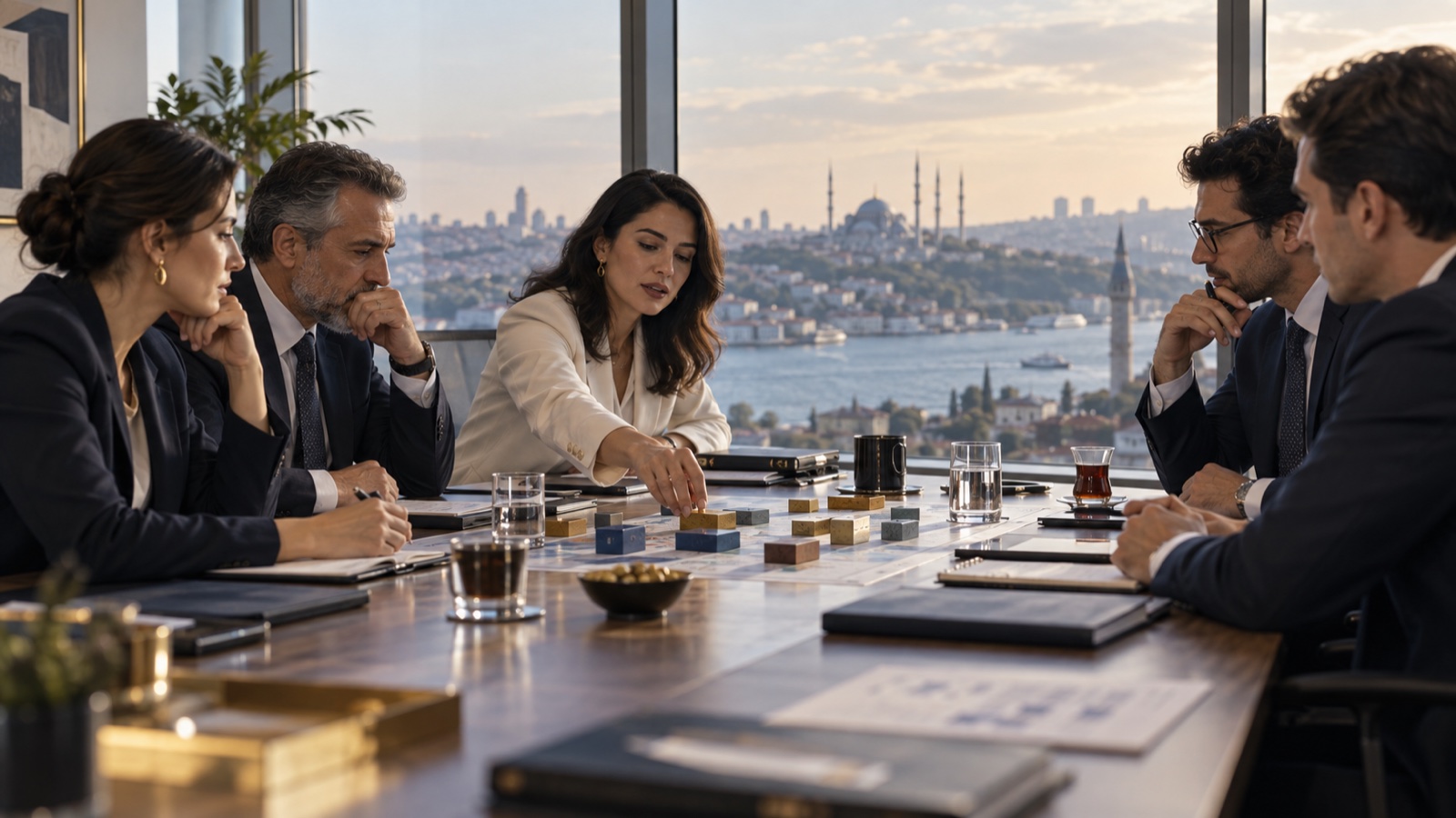 Boğaz manzaralı bir toplantı odasında masanın iki yanında oturan iki ekip, üzerinde renkli bloklar bulunan bir plan üzerinde müzakere ediyor.