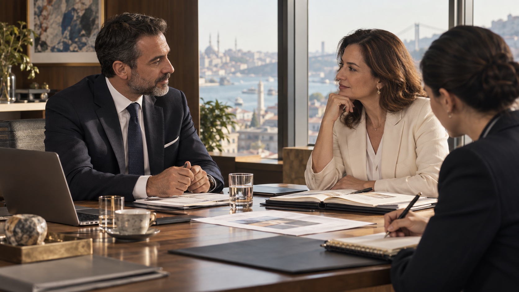 Üç yönetici, açık belgeler üzerinde birbirini dikkatle dinleyerek güvene dayalı bir görüşme yürütüyor.