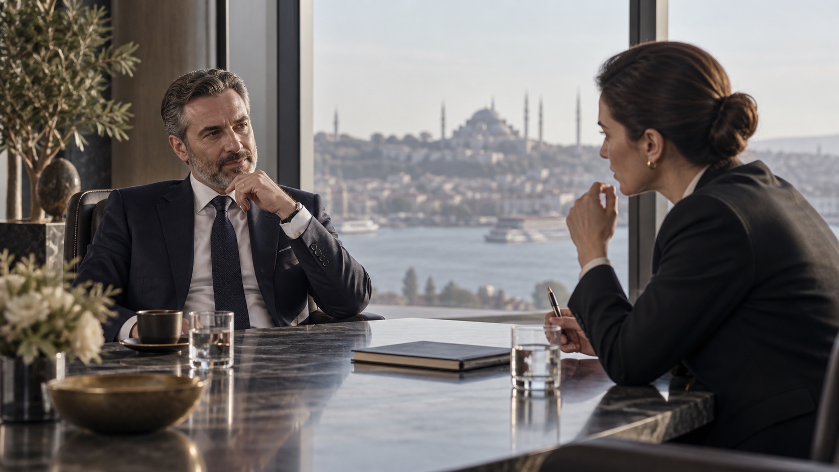 Boğaz manzaralı toplantı odasında iki yönetici, müzakerenin kritik anında sakin bir sessizliği koruyor.