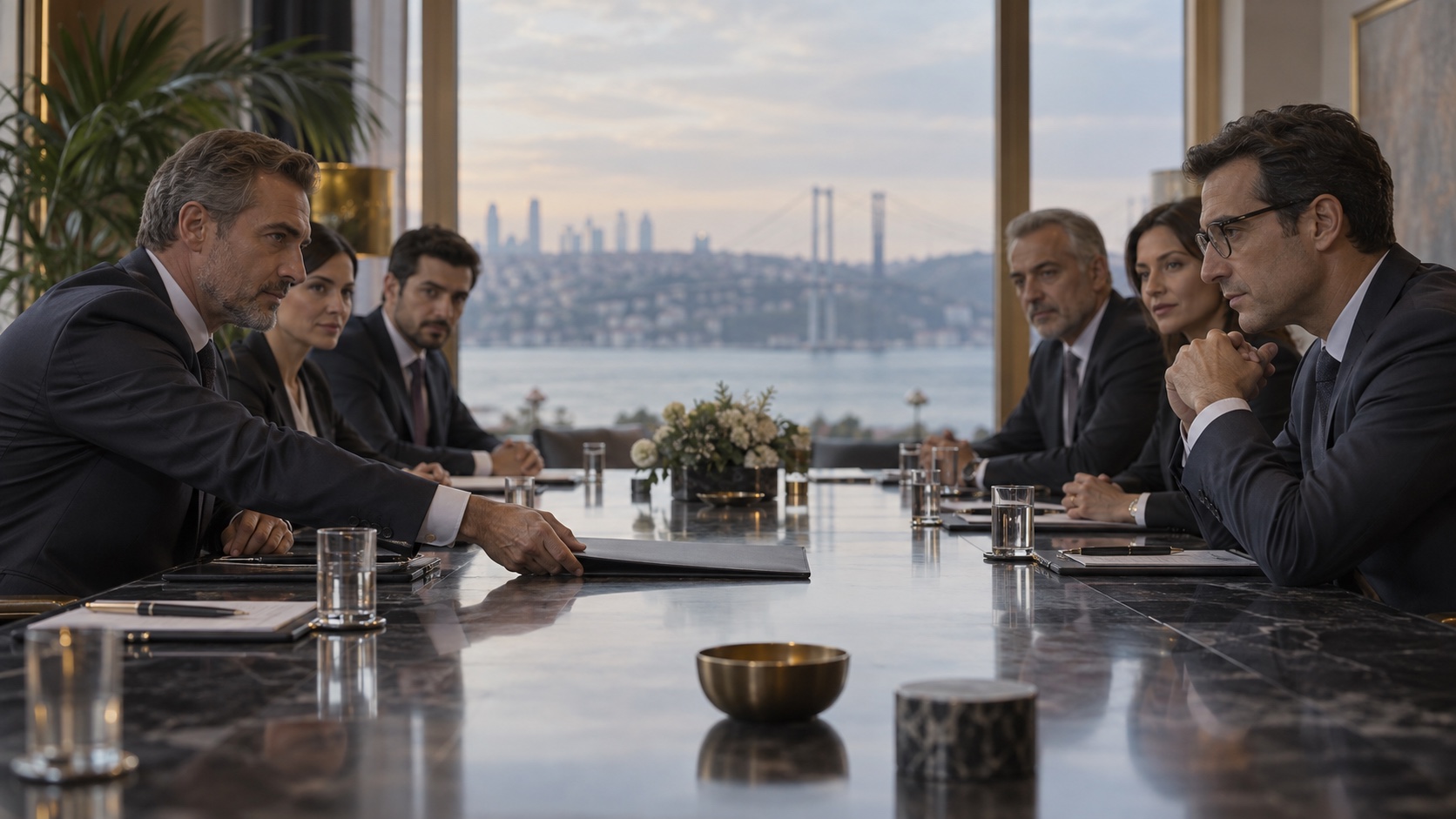 İki müzakere ekibi karşılıklı otururken bir yönetici ilk teklif dosyasını masanın ortasına doğru uzatıyor.