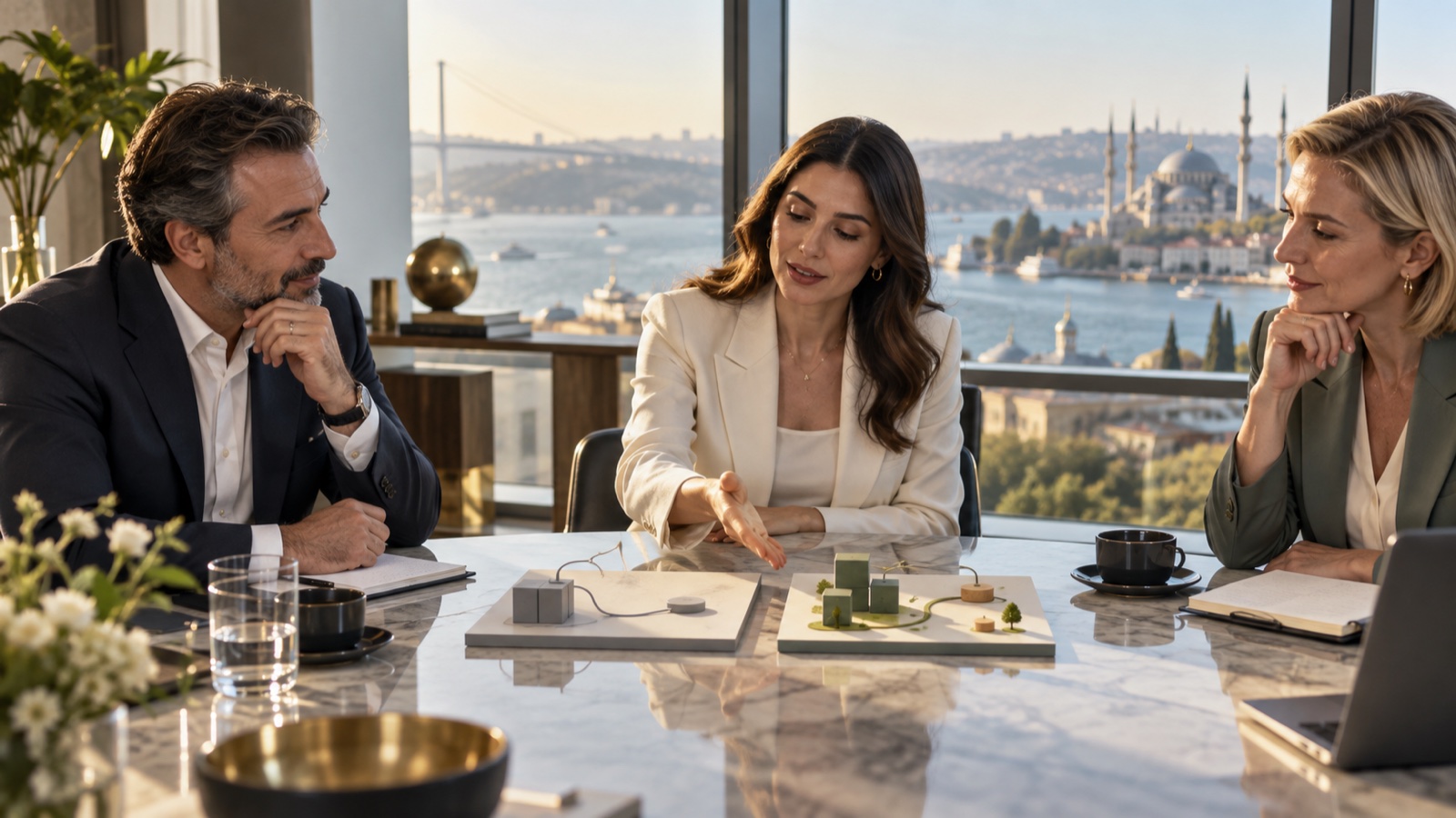 Mevcut tedarikçi ilişkisine saygı göstererek alternatif çözümü sakin biçimde değerlendiren iş insanları.